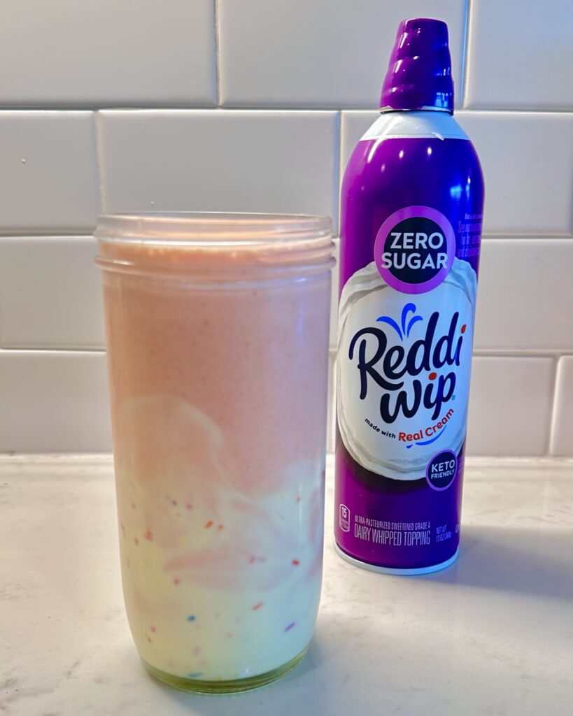 Strawberry Cake Batter Protein Shake and Sugar-Free Whipped Cream